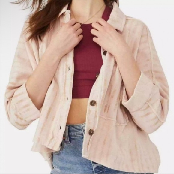 Free People shacket jacket peach pink pocket button down - Picture 3 of 4